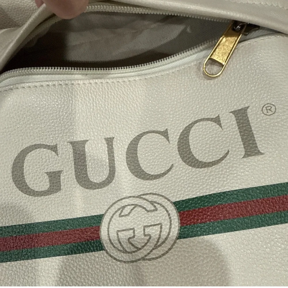 Gucci Web Logo Cripto Print Leather Ecru Color Authentic Women (Unisex) Backpack - Picture 3 of 15
